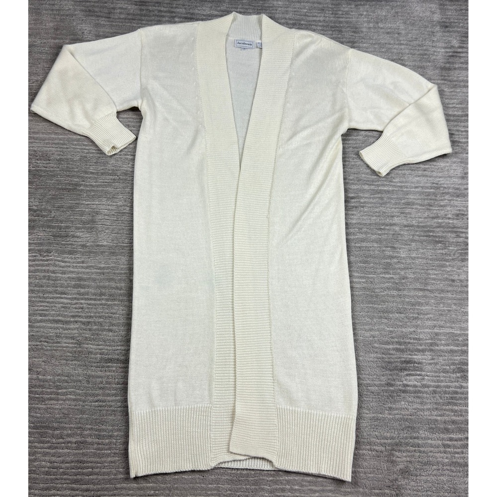 Jacobson's Cardigan Womens P Cream Duster‎ Open Front Knit Longline Ribbed Trim